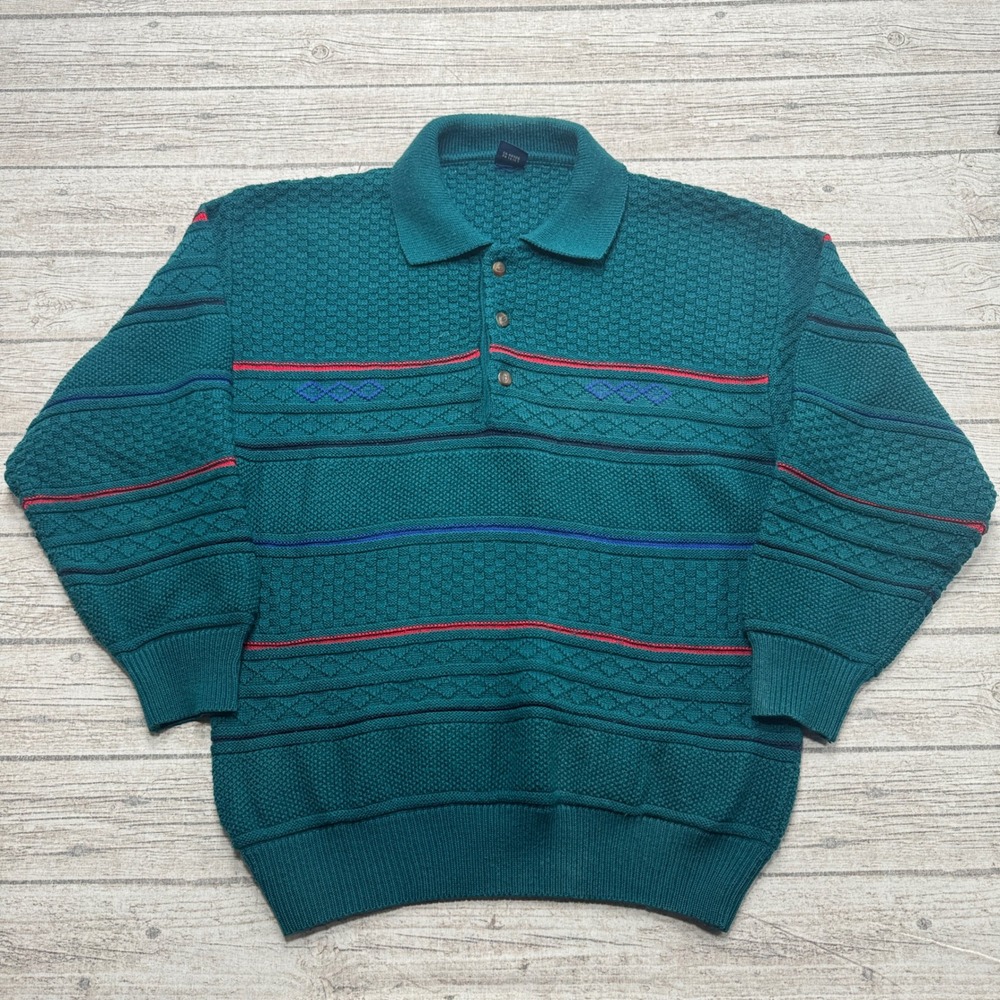 Vintage Gant Polo Sweater Men's Medium Green Striped Wool The Rugger Athleisure